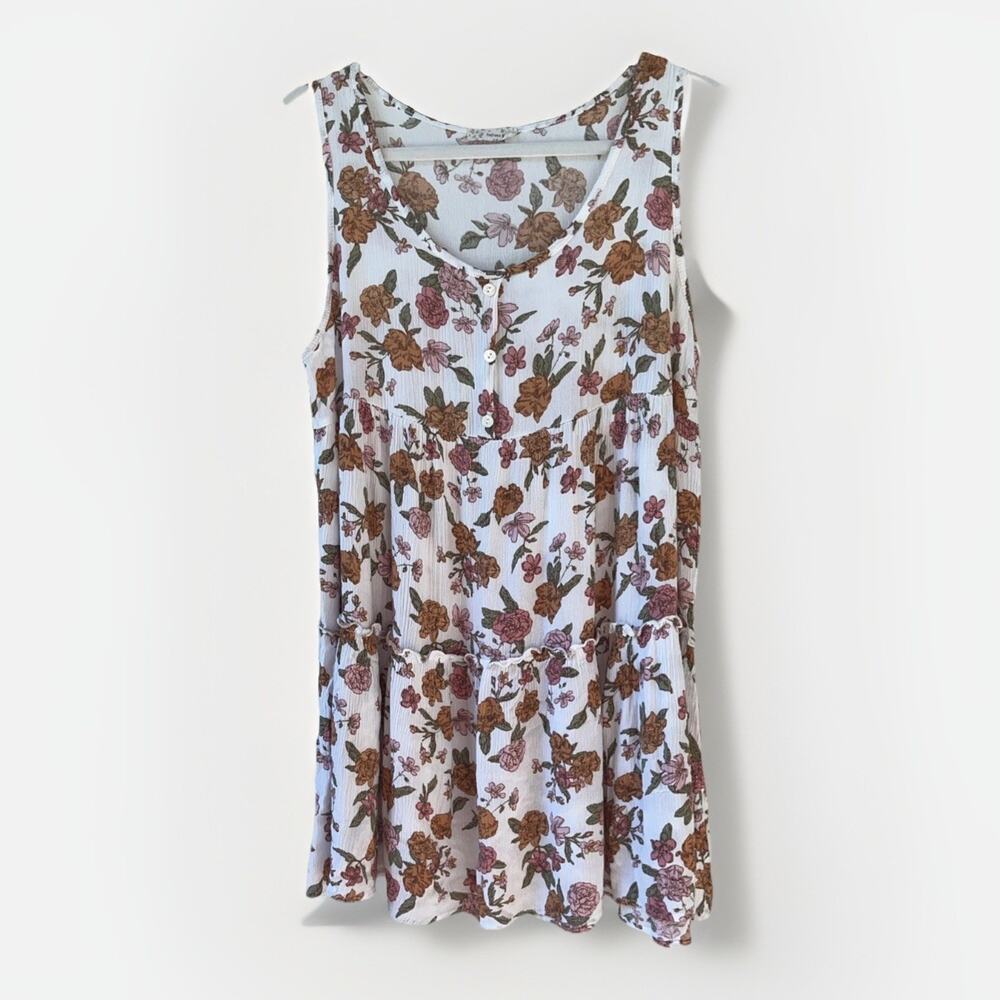 Endless Blu SZ LARGE White Floral Tiered Babydoll TankTop Dress Sleeveless Rayon